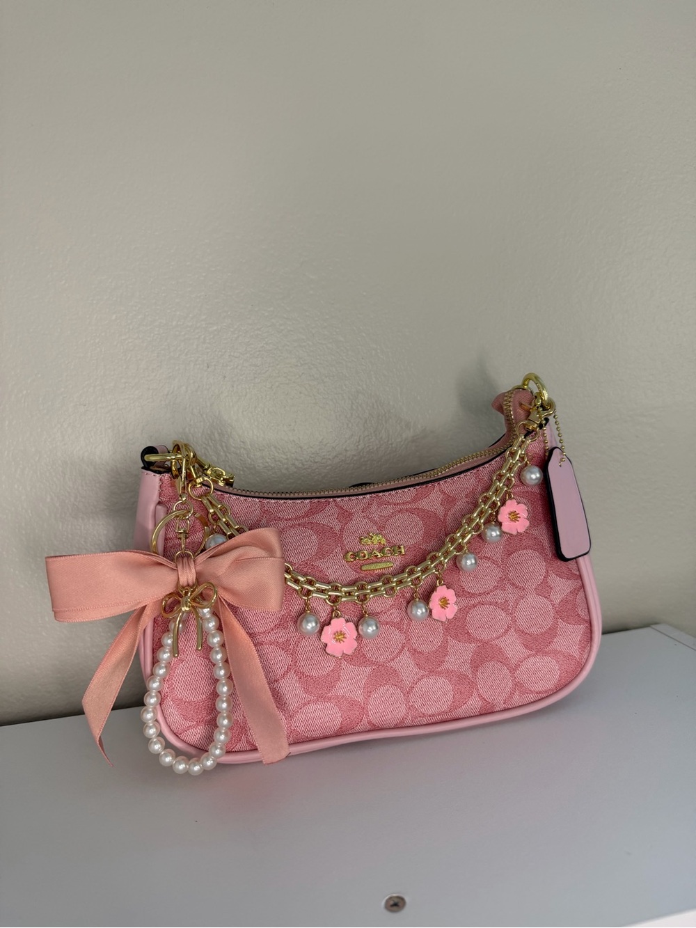 Pink Signature Canvas Charm Wristlet with Gold-Tone Chain